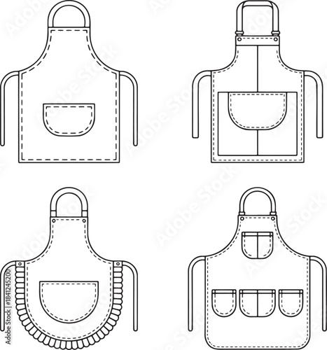 Set of Kitchen aprons with pockets Outline vector illustration isolated On Transparent Background
