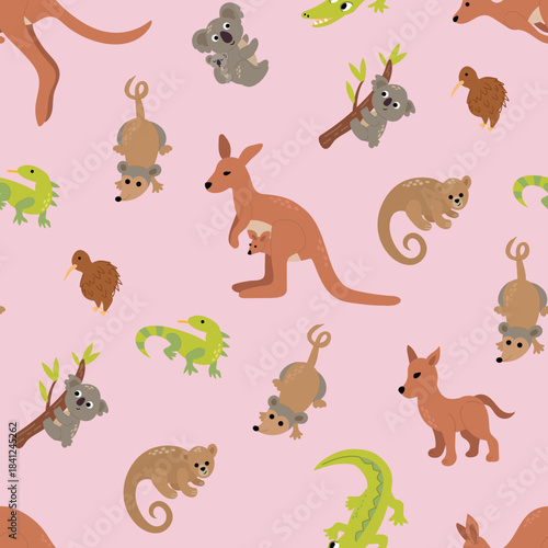 Seamless Pattern of Australian Animals on Pink. Endless patterns for your design	