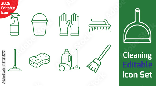 cleaning tool line icons set with spray bottle, mop, bucket, gloves, sponge, detergent bottle, vacuum cleaner, dustpan, washing brush, thin outline vector on white background