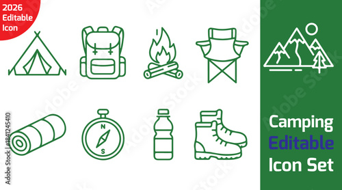 camping essentials thin outline icon pack with tent, backpack, fire pit, sleeping bag, compass, water bottle, hiking boot, mountain sign, camping chair, minimal vector on white background