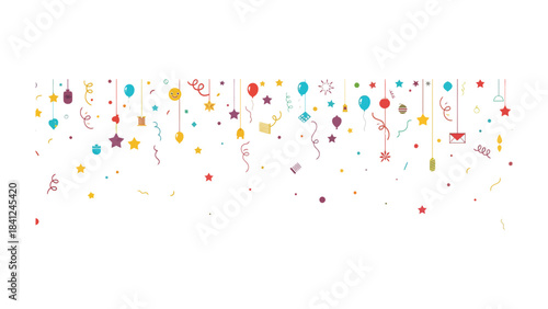 Festive Cascade: A vibrant array of celebratory elements, including confetti, balloons, and streamers, descends, creating a dynamic visual of joy and celebration.