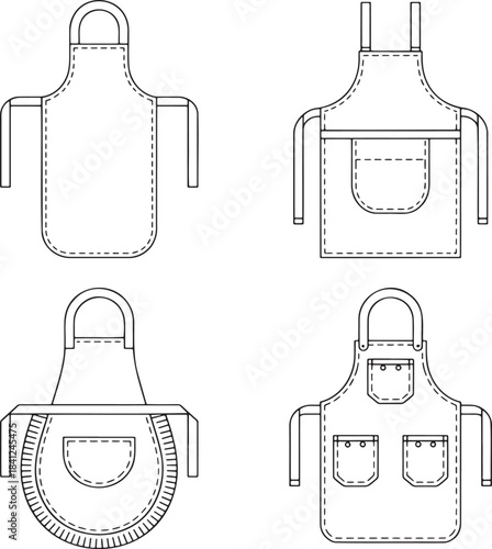 Set of Kitchen aprons with pockets Outline vector illustration isolated On Transparent Background