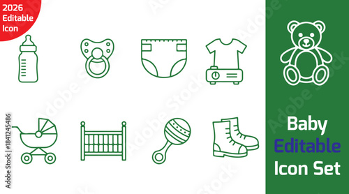 baby essentials outline icon pack with feeding bottle, baby stroller, pacifier, diaper, rattle toy, crib, baby onesie, milk warmer, teddy bear, minimal thin line vector on white background