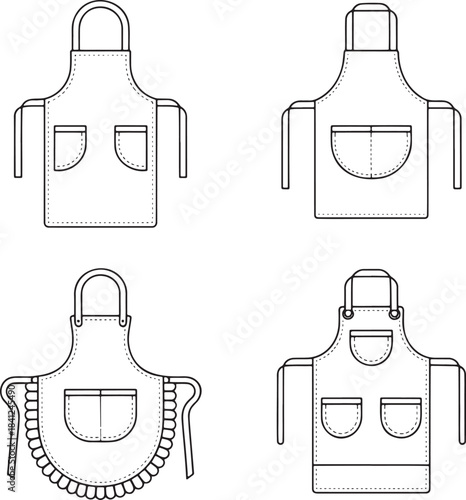 Set of Kitchen aprons with pockets Outline vector illustration isolated On Transparent Background