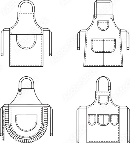 Set of Kitchen aprons with pockets Outline vector illustration isolated On Transparent Background
