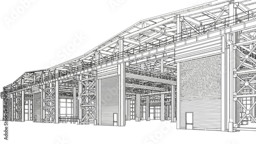 Detailed wireframe rendering of a large industrial building with complex steel structure and multiple bay doors.
