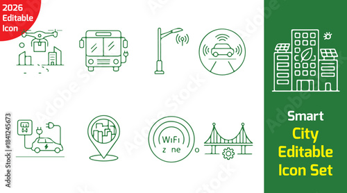 smart city infrastructure line icon bundle with drone delivery, electric bus, smart streetlight, charging station, city map pin, wifi zone