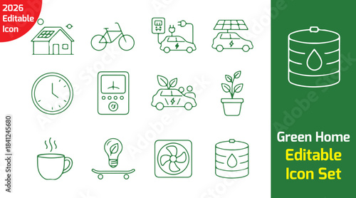 smart green home line icon bundle with solar panel roof, thermostat, energy meter, water saving tap, eco light bulb, plant pot, smart lock, ventilation icon, rainwater tank, thin outline style on whit