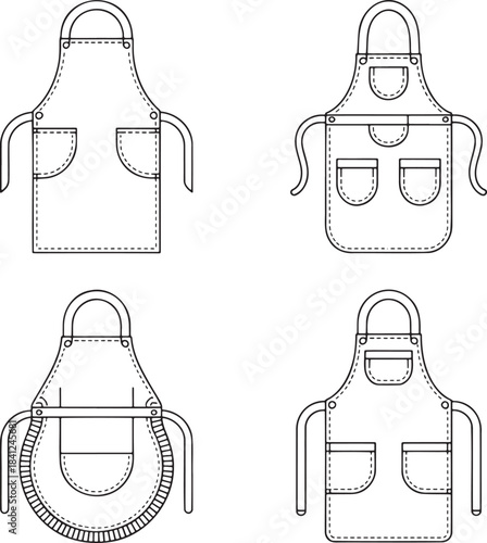 Set of Kitchen aprons with pockets Outline vector illustration isolated On Transparent Background