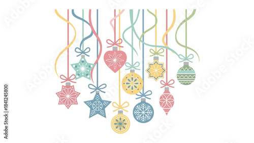 Festive Ornament Hanging: a collection of intricate, colorful ornaments are suspended gracefully from ribbons. The scene exudes warmth and celebratory atmosphere. 