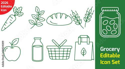 organic grocery line icon pack with carrot, leaf herb, bread loaf, milk bottle, basket, apple, wheat symbol, jar food, shopping bag, thin outline vector on white background