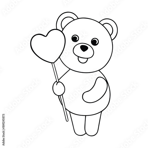 A cute teddy bear sits happily holding a heart-shaped lollipop, its fluffy paws wrapped around the sweet treat. Simple outlines make this charming coloring page fun and relaxing.”