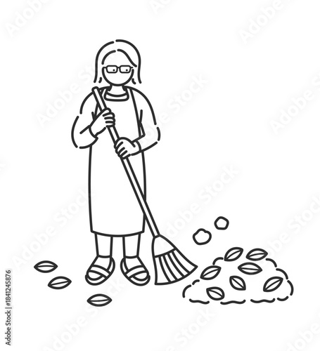 落ち葉の掃除をする40代女性のイラスト　線画のみ