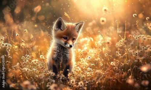 Fototapeta Naklejka Na Ścianę i Meble -  Adorable little fox cub standing in a meadow surrounded by wildflowers, soft golden light illuminating its fur and creating a heartwarming wildlife scene