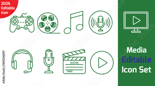  entertainment media line icon set with game controller, video reel, music note, headset, microphone, film slate, tv screen, play button, podcast icon, thin outline vector on white background