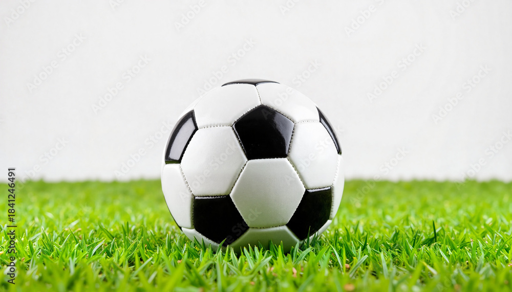 Obraz premium a standard soccer ball with black and white pentagon pattern resting on well-maintained green grass, isolated on neutral background
