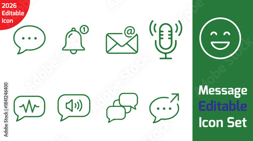 digital messaging line icon bundle with chat bubble, notification bell, email envelope, voice message, group chat, message typing indicator, speech mic, send arrow, emoji smile icon, clean outline vec
