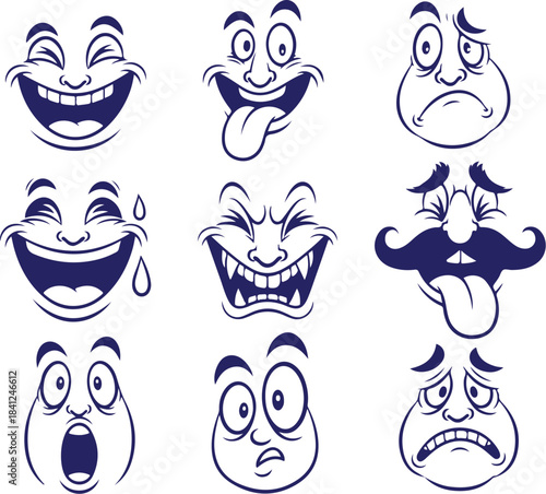 Vector art of collection of various cartoon faces with different emotions and expressions 