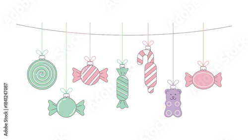Festive Candy Garland: Delightful assortment of colorful candies hanging delicately against a backdrop, a charming scene of sweetness.