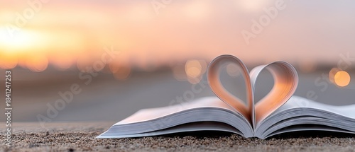 Close-up of an open book with heart-shaped pages resting on the beach during sunset with soft light in the background