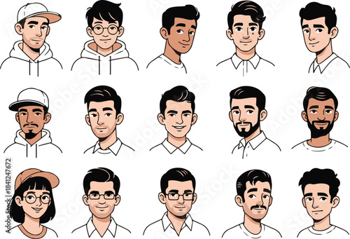 Vector art of diverse group of cartoon people with different hairstyles and expressions 