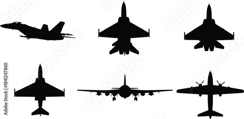 Silhouettes of various military fighter jets against a plain white background