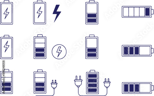 Vector art of collection of battery icons in various states of charge and discharge 