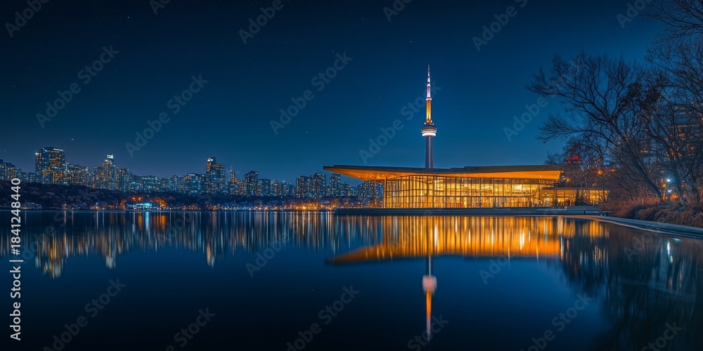 Fototapeta premium Toronto skyline reflecting over lake ontario at night with cn tower in background