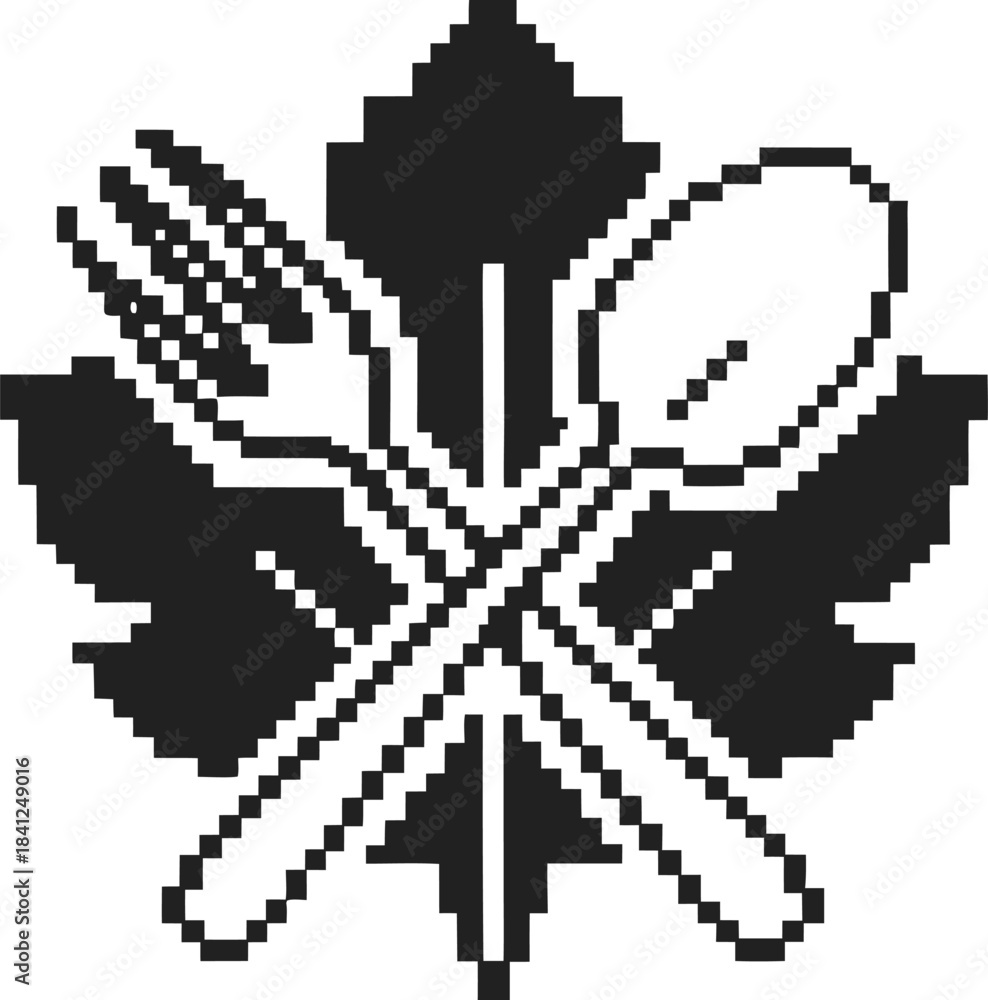 Fototapeta premium Leaf with crossed fork and spoon pixel icon, minimalist digital culinary emblem for eco friendly restaurant, food app or cafe logo