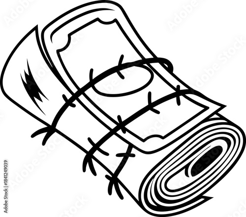 Roll of paper money wrapped in barbed wire symbolizing financial restriction, economic sanctions, money control and limited freedom