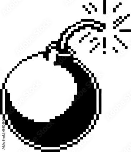 Pixel bomb icon with lit fuse and sparks, retro 8 bit explosion symbol, simple black and white digital game element