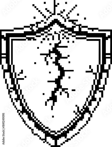 Cracked digital shield icon symbolizing broken protection, pixel art glitch style, cybersecurity vulnerability concept