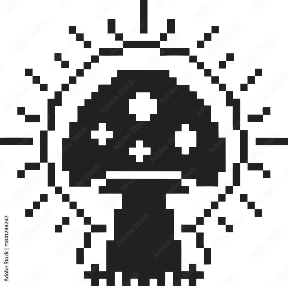 Fototapeta premium Retro pixel mushroom icon with glowing outline minimalist black and white 8 bit gaming symbol, nostalgic digital fantasy graphic design
