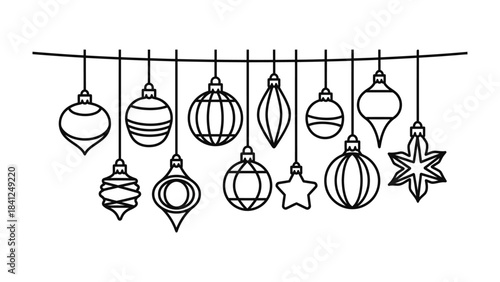 Festive Ornament Display: A collection of uniquely shaped ornaments hangs from a line, creating a celebratory atmosphere.