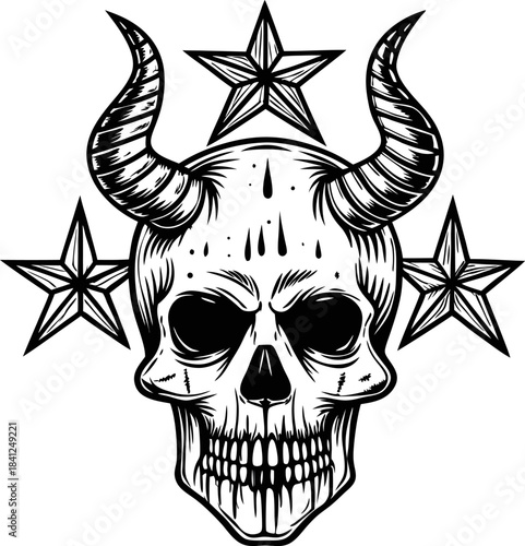 Horned demonic skull with dripping details and three stars dark occult emblem, gothic tattoo illustration on white background