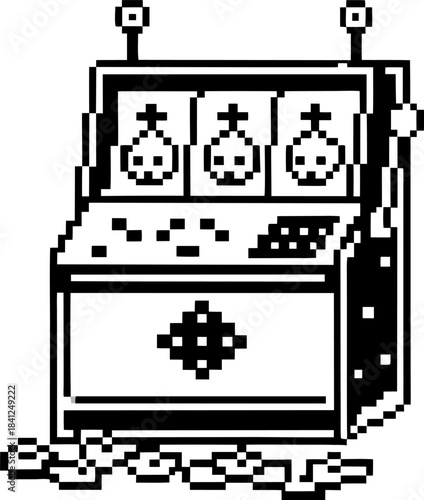 Retro pixel slot machine with spinning reels and scattered coins, 8 bit casino game icon for gambling, luck and jackpot concepts