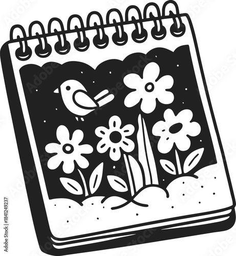 Spiral sketchbook with bird and flower doodle illustration, cute notepad drawing for kids art, creative nature themed notebook cover