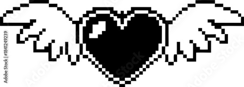 black pixel heart with wings icon retro 8 bit flying heart symbol, minimalist digital love and fantasy graphic element