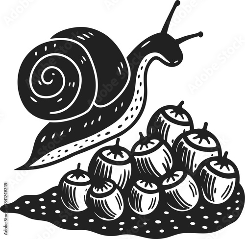 Snail crawling over group of acorns woodland forest invertebrate with spiral shell and mollusk body on ground surface illustration