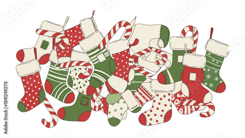Christmas Stocking Delight: A festive assortment of Christmas stockings, adorned with cheerful patterns and candy canes, ready to bring holiday cheer.