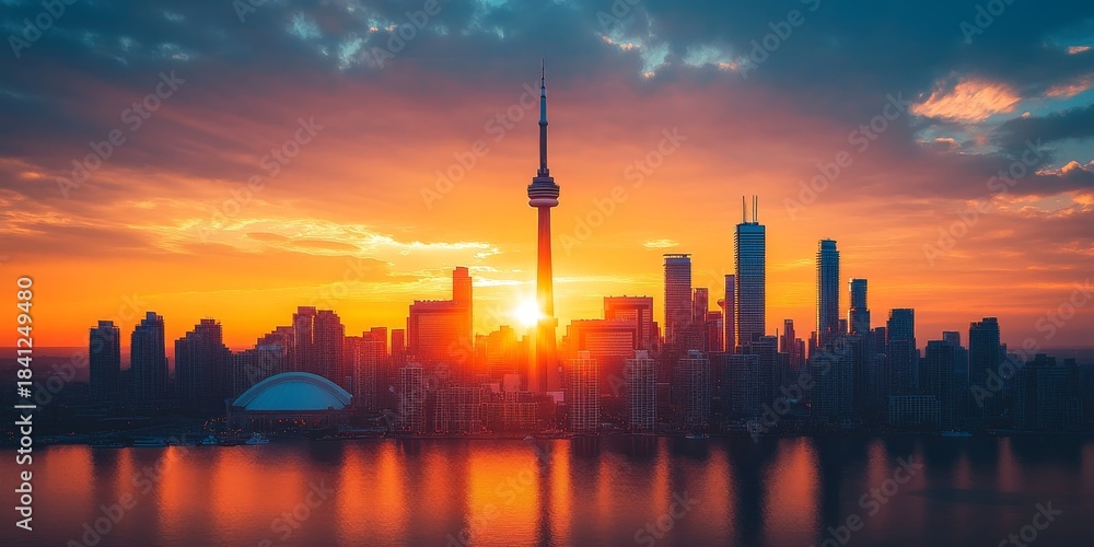 Fototapeta premium Toronto skyline reflecting on lake ontario at sunset with cn tower and rogers centre