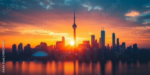Wallpaper Mural Toronto skyline reflecting on lake ontario at sunset with cn tower and rogers centre Torontodigital.ca