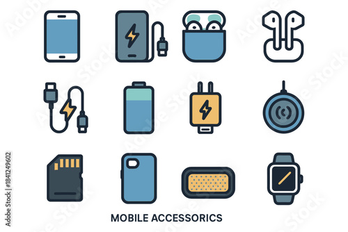 Mobile accessories collection featuring chargers, earbuds, smartwatch, and more.