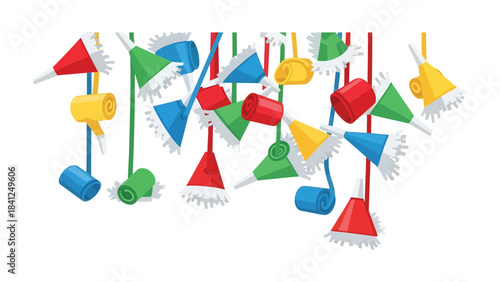 Party Streamers and Confetti: Festive streamers and confetti cascade down in a riot of color. Bright hues of red, blue, green, and yellow create a joyful atmosphere.