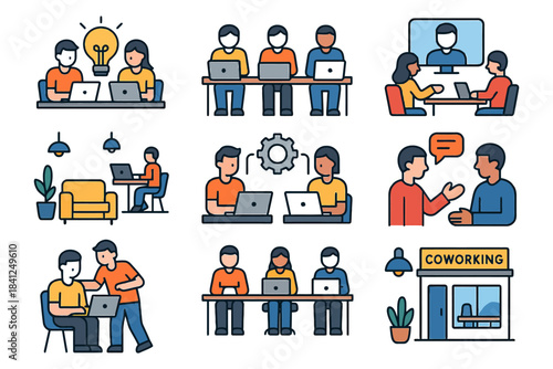 Team collaboration and coworking office environment with diverse group.