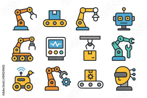 Colorful robotic icons set featuring automation and ai elements.