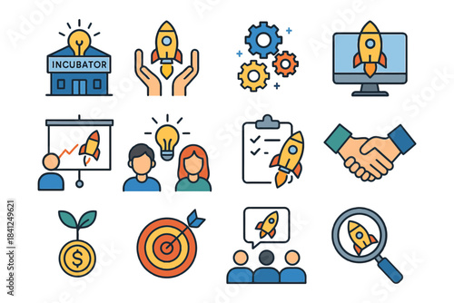 Startup business icons: innovation, growth, teamwork, technology, finance, success.