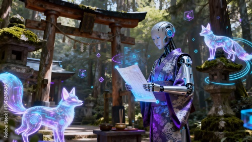 Wallpaper Mural 古代の神道と未来的AI精霊が融合する神聖なデジタルハーモニー神社 Torontodigital.ca