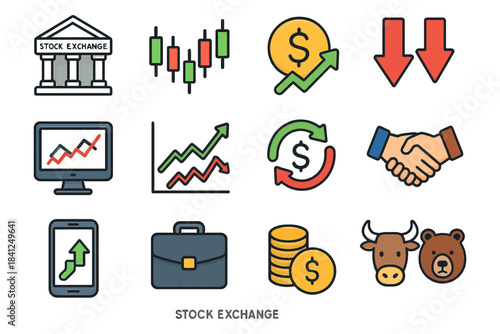Stock exchange icons: graphs, currency symbols, bull, bear, and handshake illustrations.
