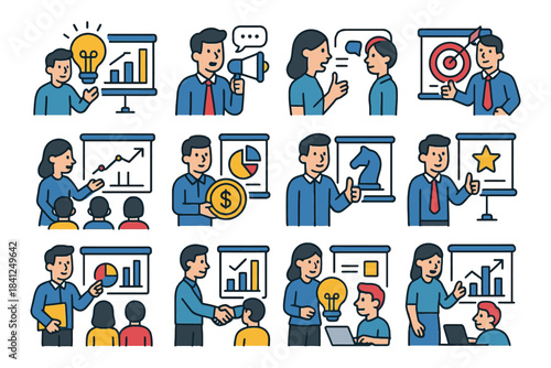 Cartoon business scenarios featuring professionals in various business and communication activities.